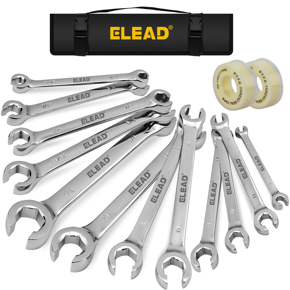 ELEAD flare nut wrench set front view, durable chrome vanadium steel for reliability.