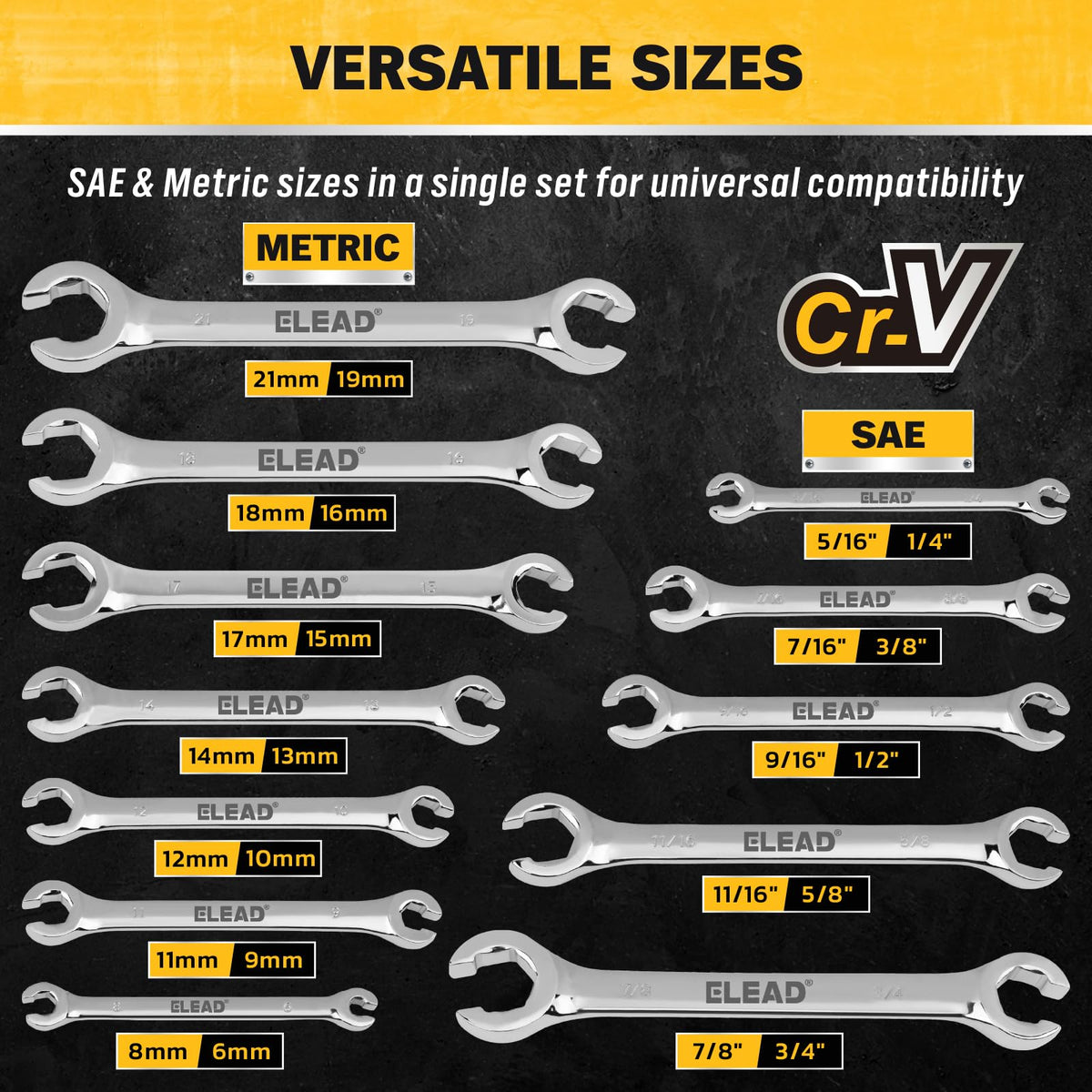 ELEAD flare nut wrench set metric sizing shown for versatile brake line work.