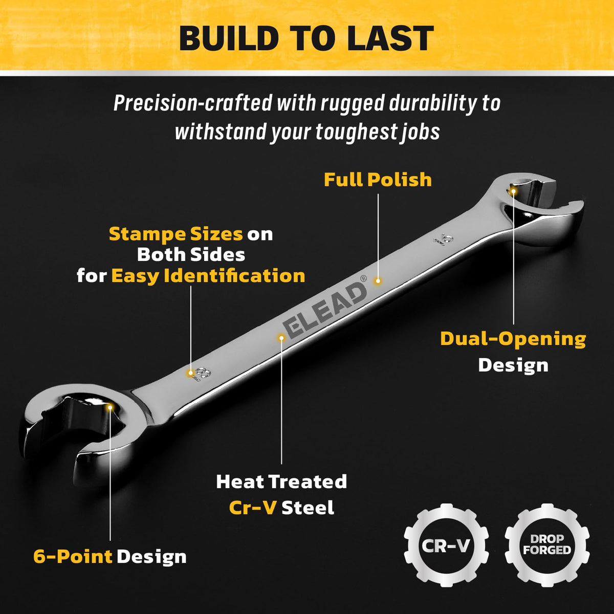 ELEAD flare nut wrench set SAE sizing for automotive repairs and plumbing tasks.