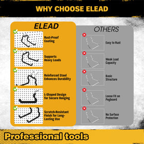 ELEAD flat pegboard hooks offering flexible storage layout.