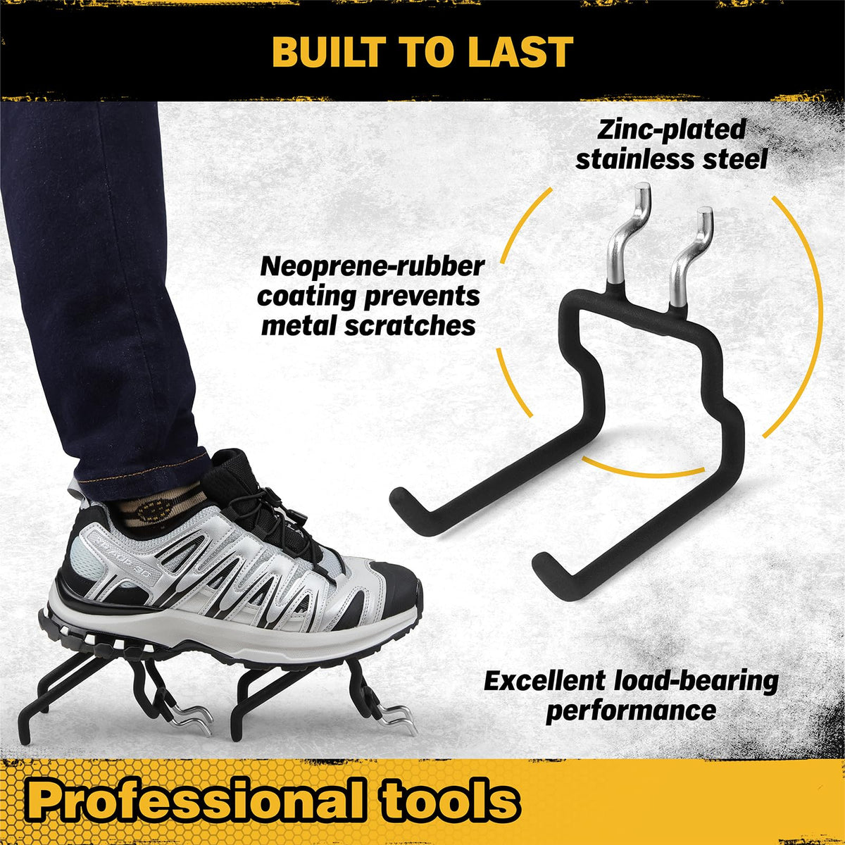 ELEAD pegboard hooks holding heavy tools up to 33 lbs.