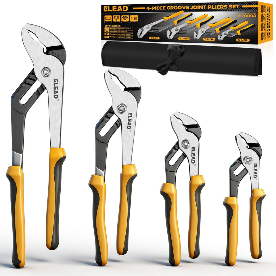 ELEAD 12-inch groove joint pliers gripping a pipe with a durable drop-forged steel jaw