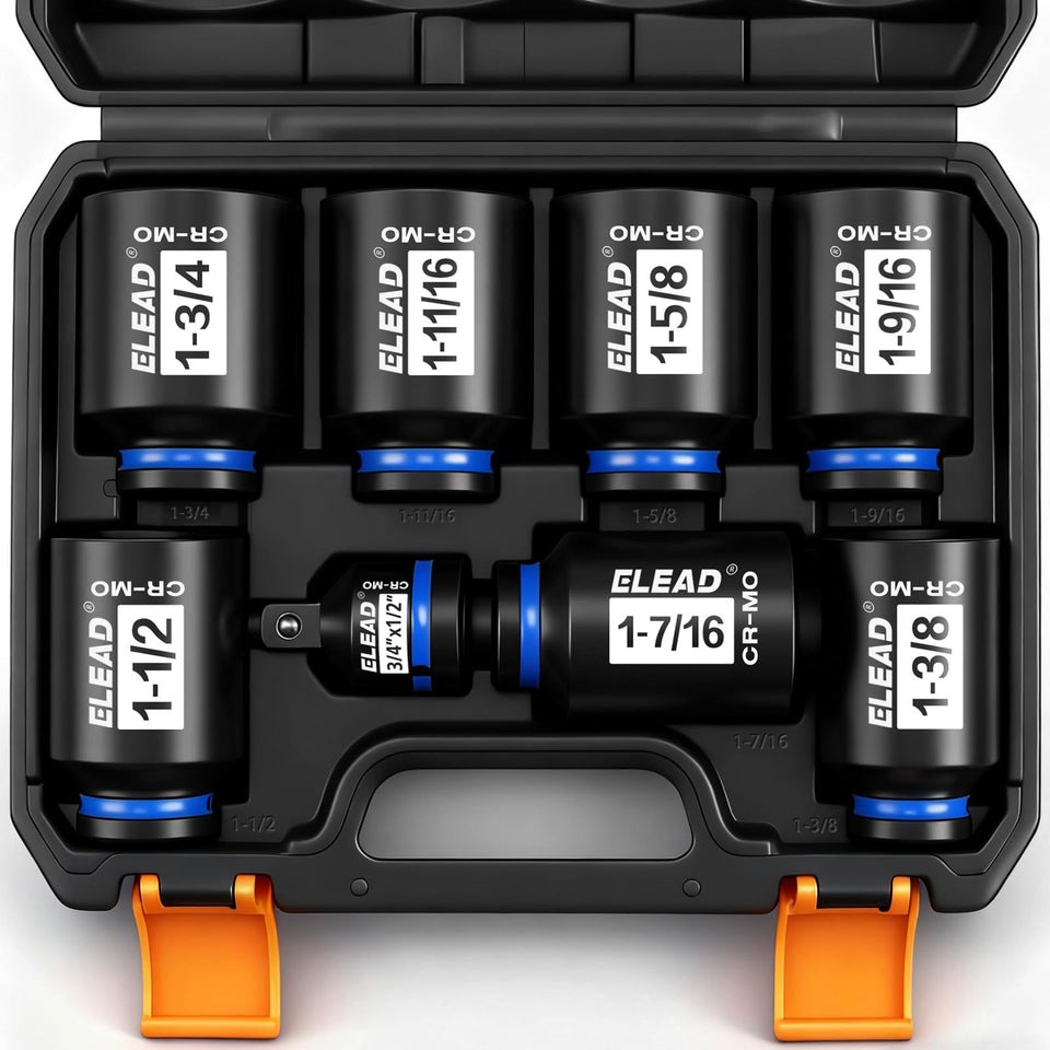 ELEAD half-inch drive deep socket set with 8 SAE sockets for high-torque tasks.