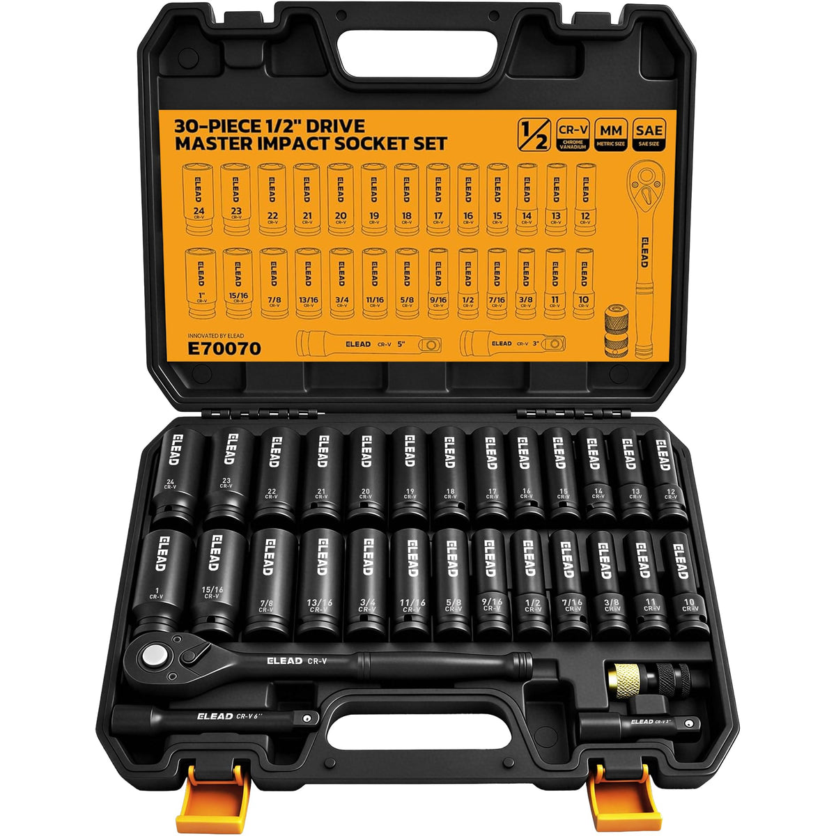 ELEAD half-inch drive socket set in case emphasizes durable construction and portable organization.