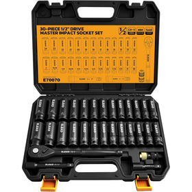 ELEAD half-inch drive socket set in case emphasizes durable construction and portable organization.