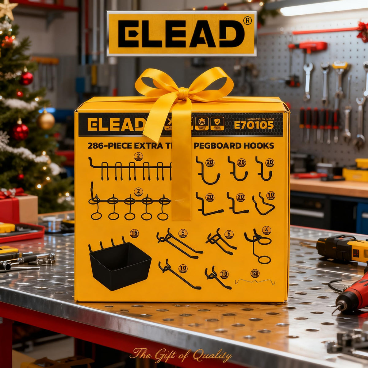 ELEAD hanging pegboard accessories on wall demonstrate organized, accessible tool storage.