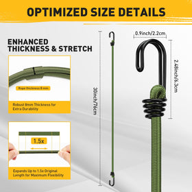 ELEAD heavy-duty elasticity 30-inch green bungee cords with hooks for flexible securing.