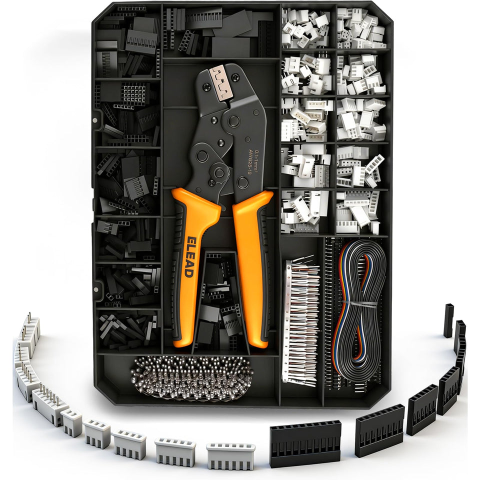 ELEAD JST XH 2020-piece kit with ratcheting tool for tidy low-voltage wiring projects.