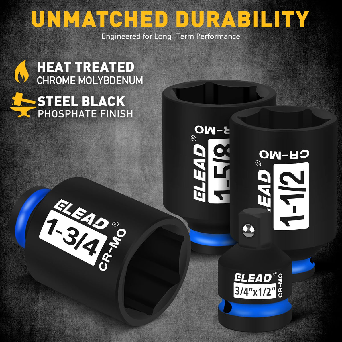 ELEAD large sockets range from 1-3/8 to 1-3/4 inches for big fasteners.