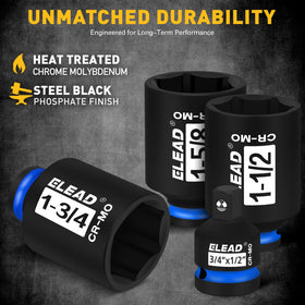 ELEAD large sockets range from 1-3/8 to 1-3/4 inches for big fasteners.