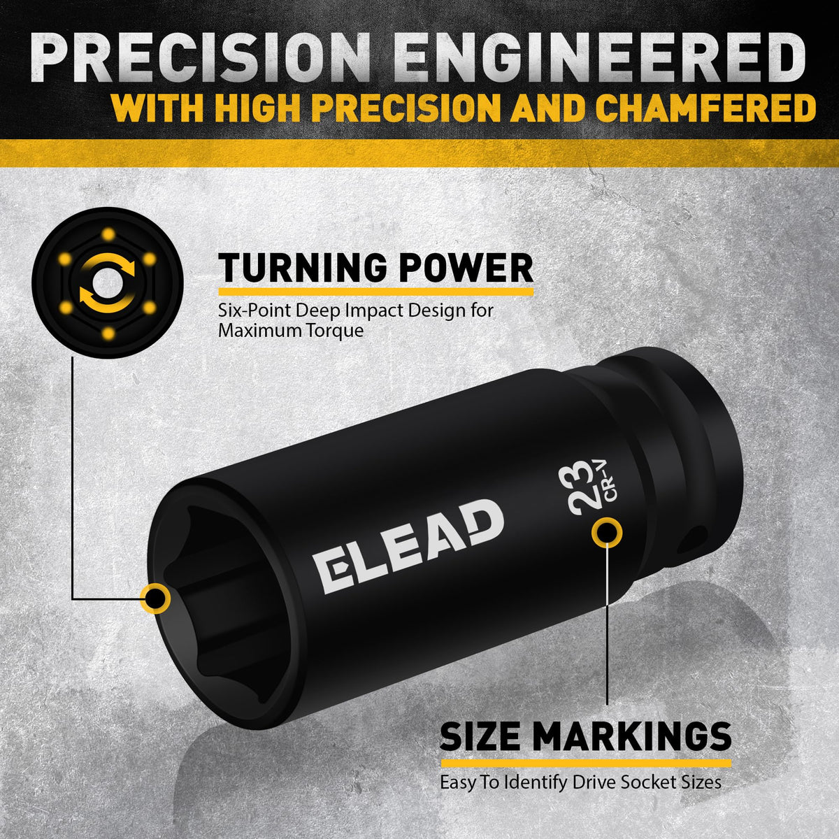 ELEAD laser-etched size markings speed up quick size identification on the job.