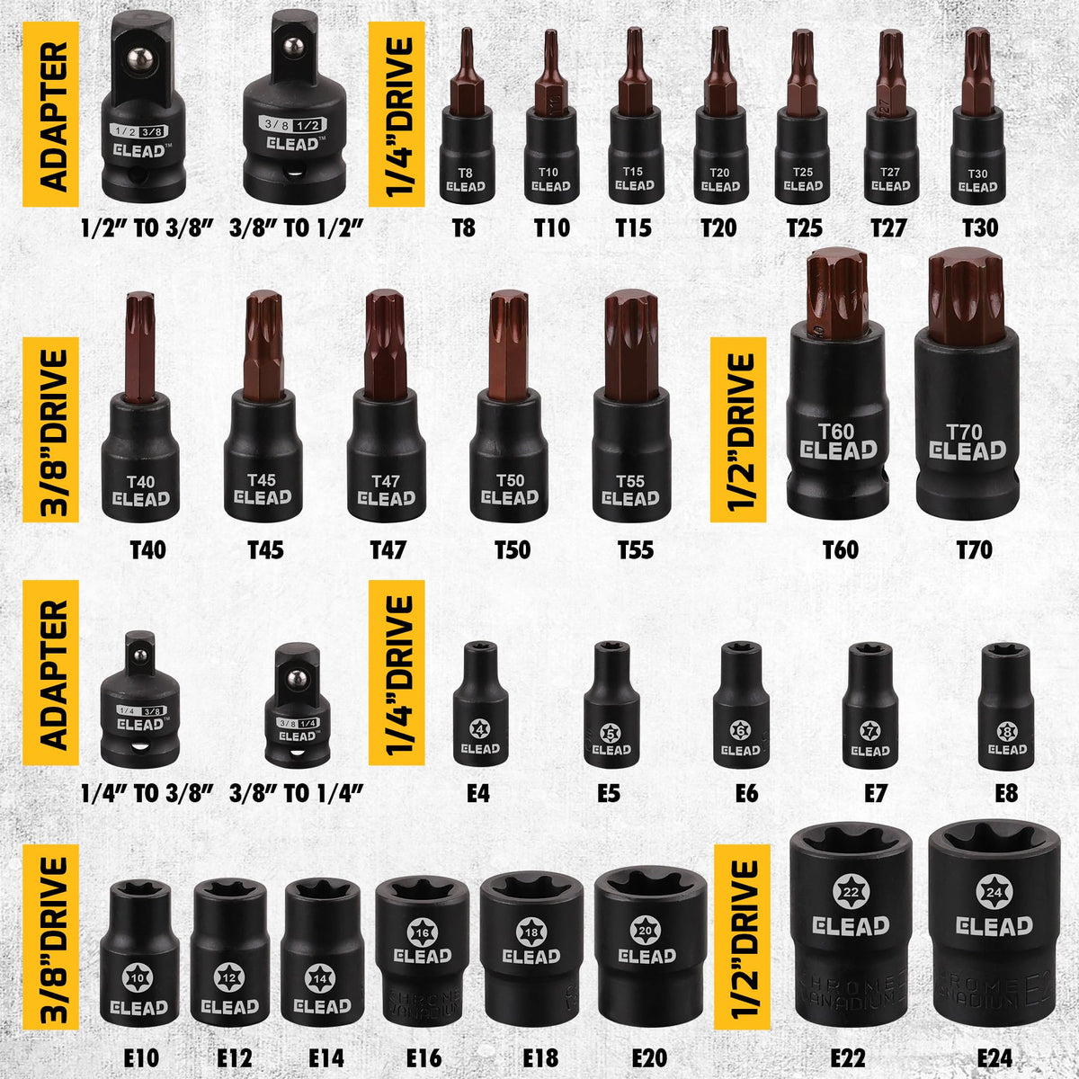 ELEAD laser-marked sizes for quick ID in dim light