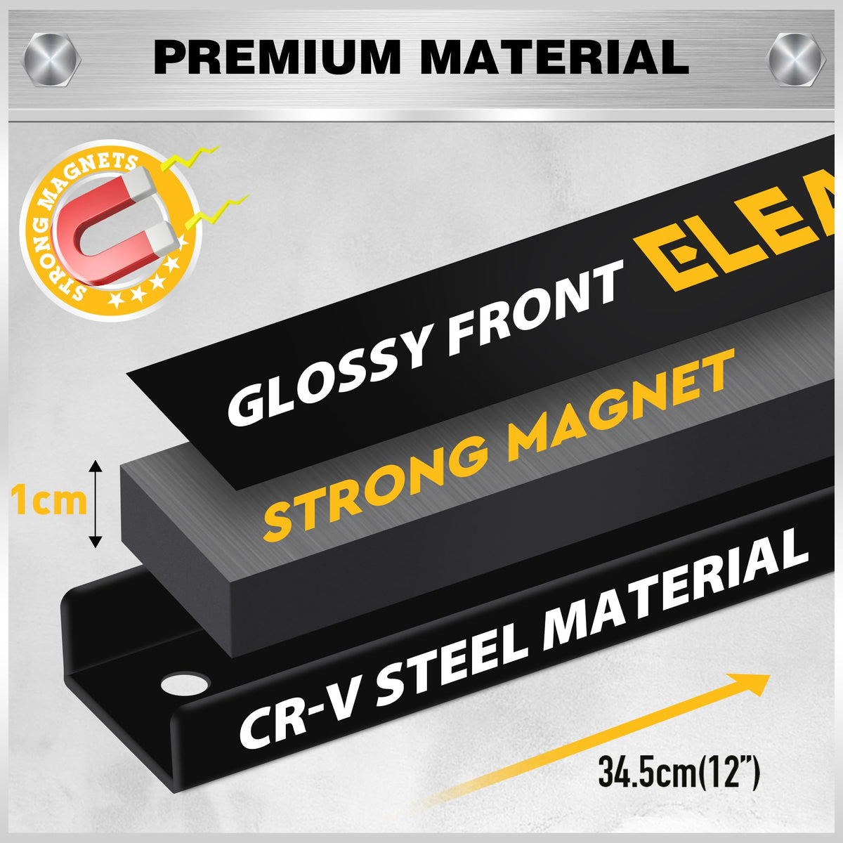 Powerful 10-lb magnet safely holds pliers, wrenches, and bits