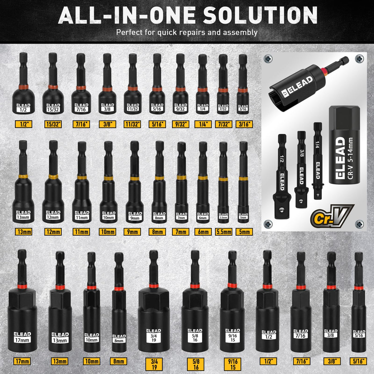 ELEAD metric and SAE mini wrenches on storage rack for quick access.