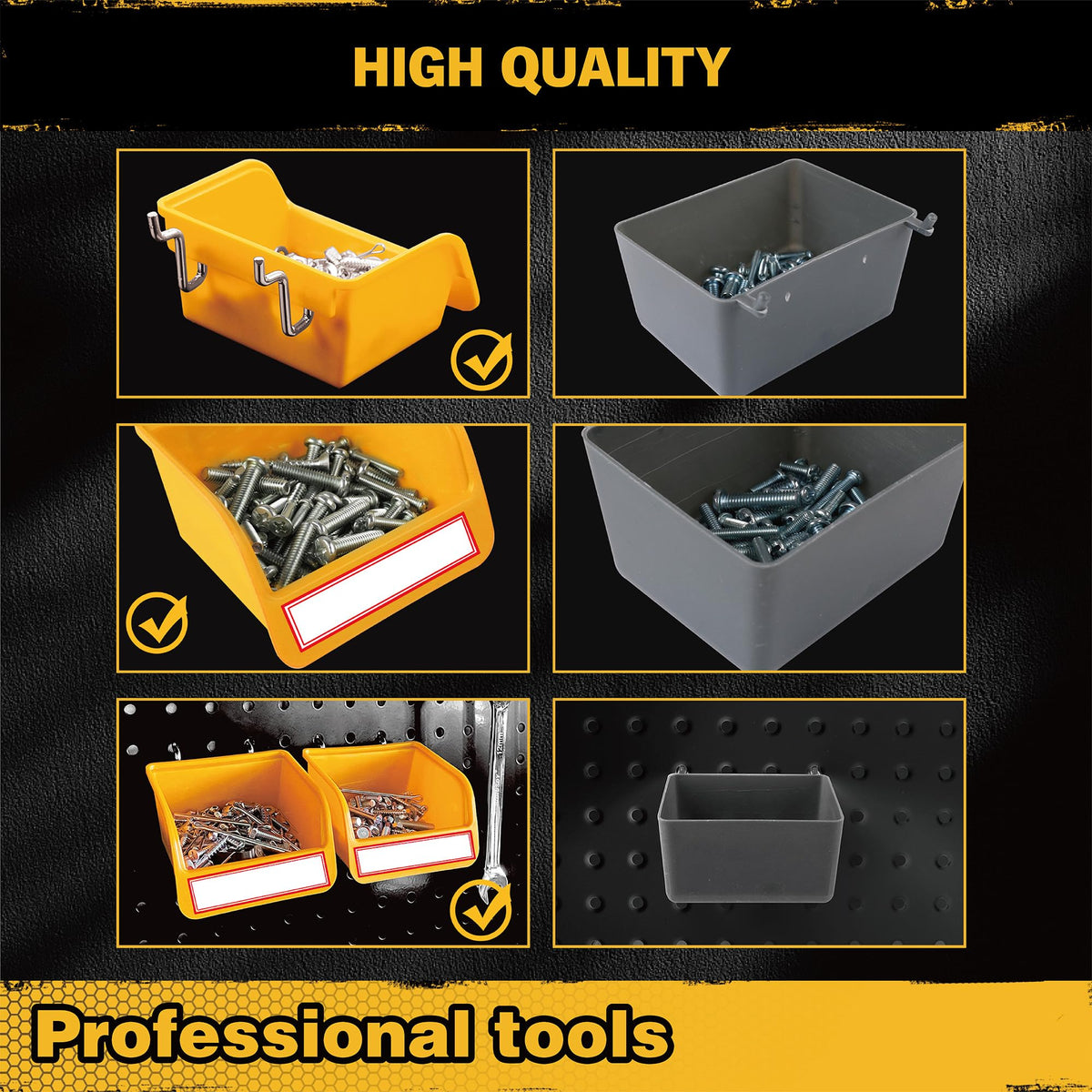 ELEAD pegboard bins side view showing compact storage