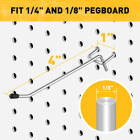 ELEAD 1/4-inch pegboard hooks fit securely for versatile tool hanging.