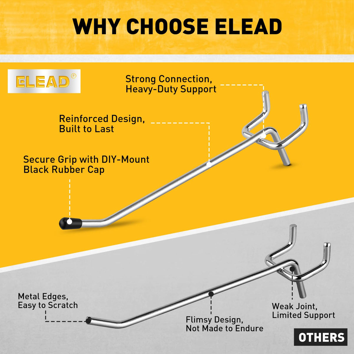 ELEAD 1/8-inch pegboard hooks offer universal fit and tidy storage.
