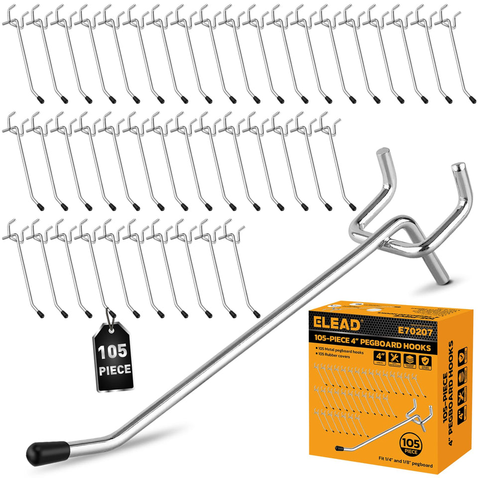 ELEAD 4-inch pegboard hooks neatly organize tools for quick access.