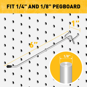ELEAD pegboard hooks in garage illustrate universal 1/4-inch and 1/8-inch fit.