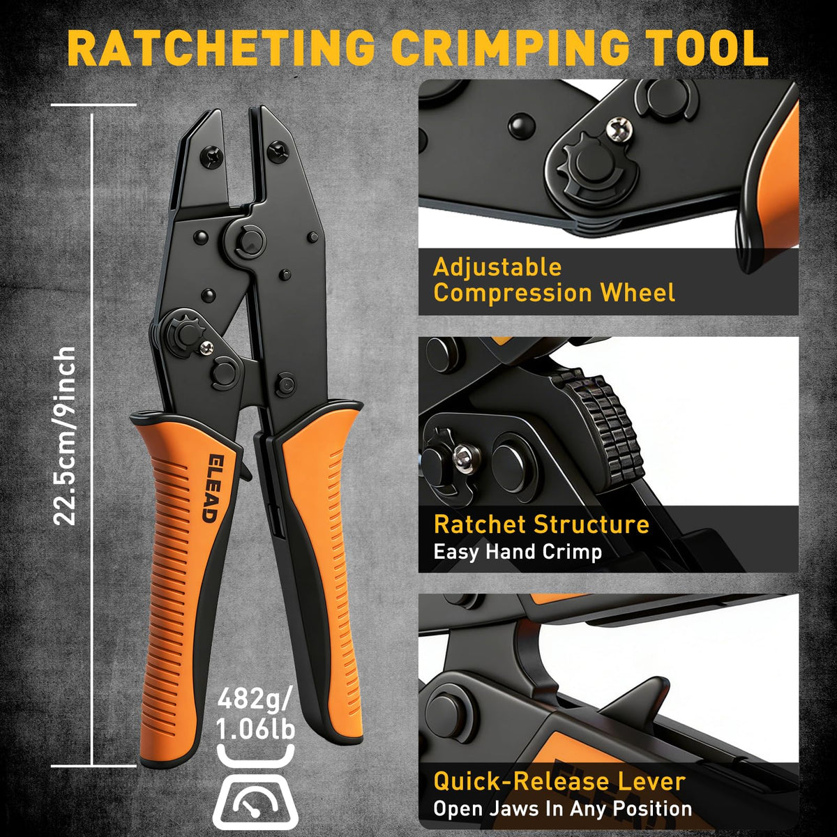 ELEAD ratcheting crimp tool closeup showing precise crimps.