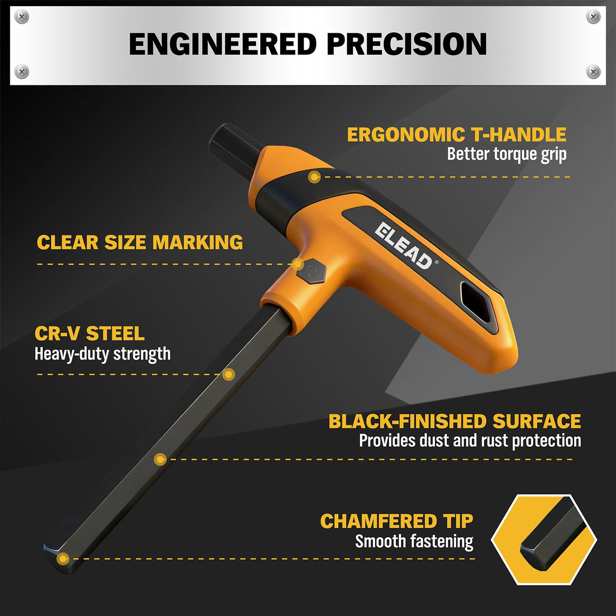 ELEAD chromium-vanadium steel with black phosphate finish resists corrosion.