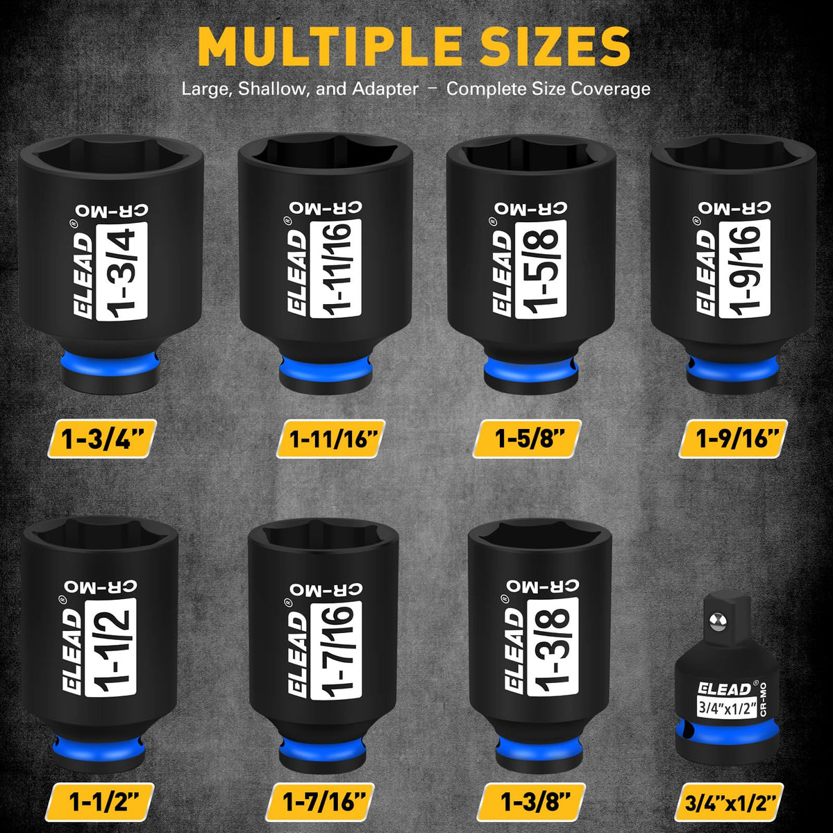 ELEAD laser-etched SAE sizes for quick identification on the workbench.