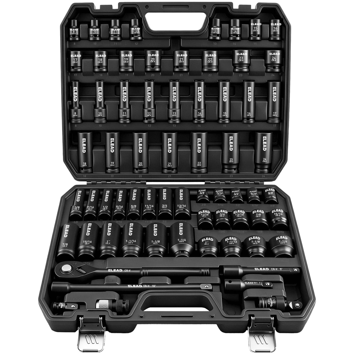 ELEAD socket set in case with 1/2-inch drive for professional use