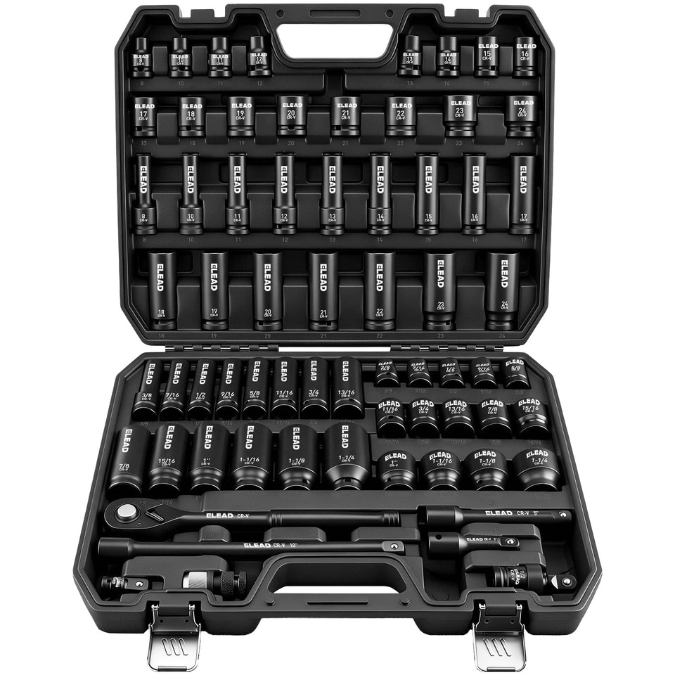 ELEAD socket set in case with 1/2-inch drive for professional use