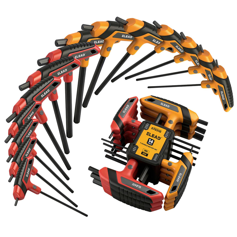 ELEAD T-handle hex wrench set with storage rack for organized home repairs.