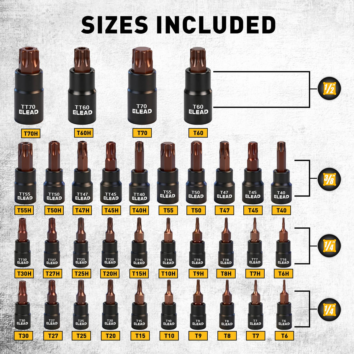 ELEAD torx socket set with 3/8 drive for high-torque repairs in professional workshops