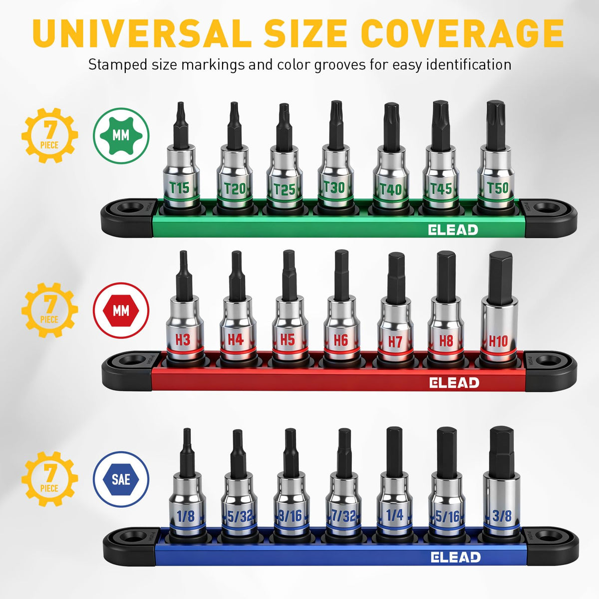 ELEAD Torx sockets range T15 to T50 for versatile fastener work