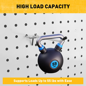 ELEAD universal fit pegboard hooks demonstrate compatibility with multiple pegboard sizes.