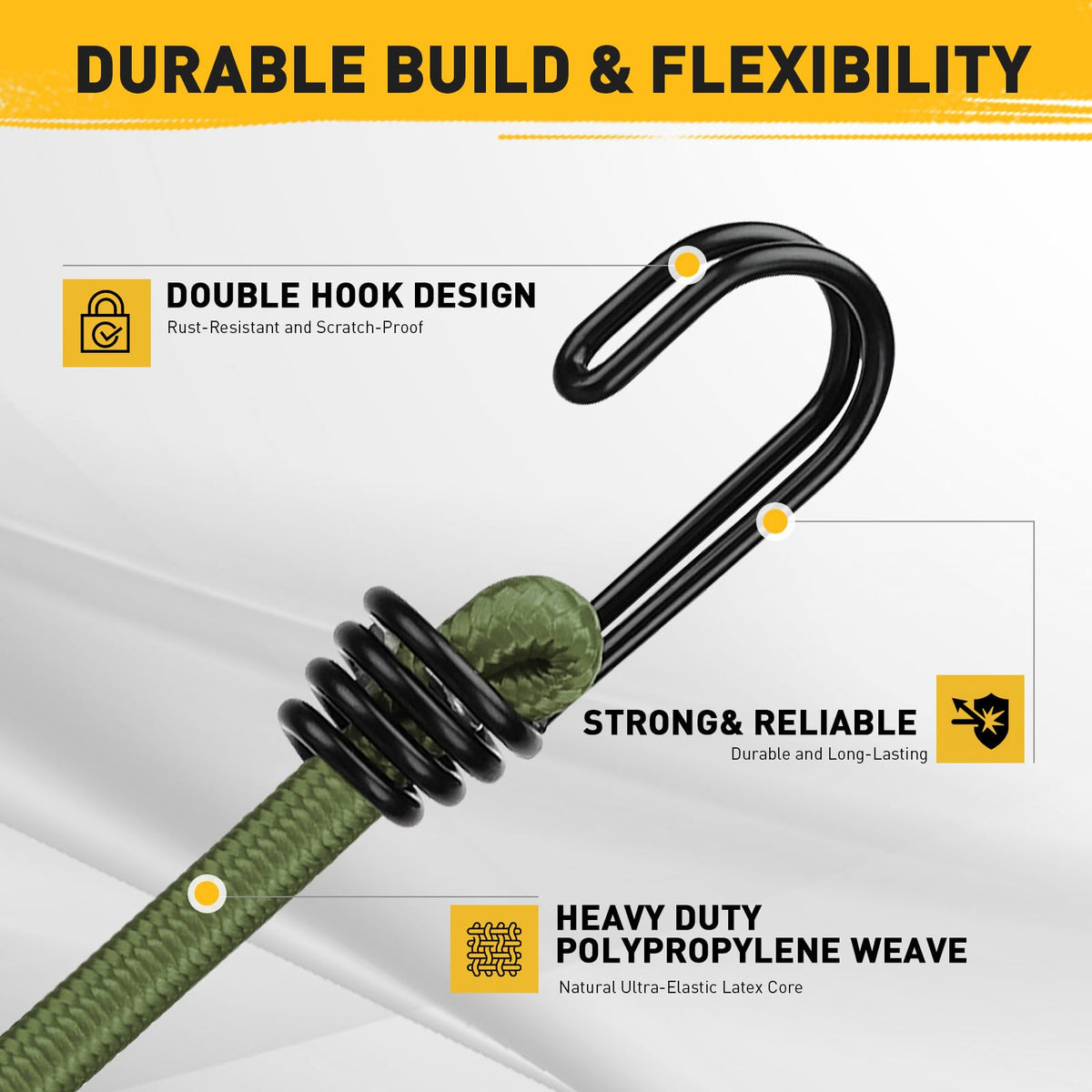 ELEAD UV-resistant steel hooks on 30in cords prevent wear while keeping gear secure.