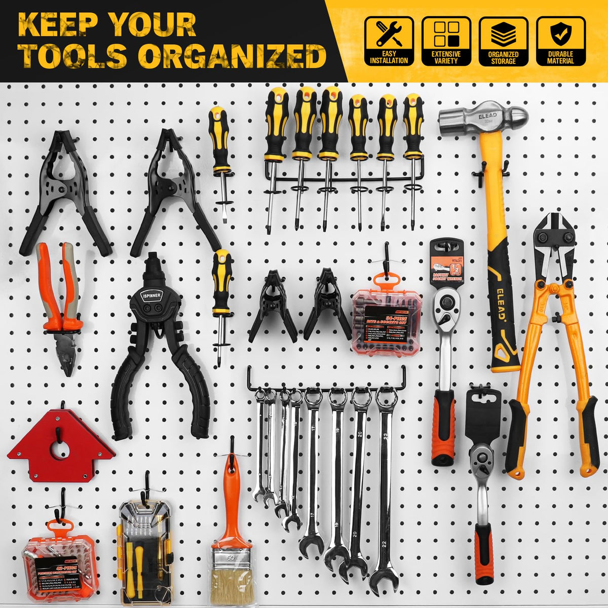 ELEAD Wall Control-compatible hooks expand garage and workshop displays.