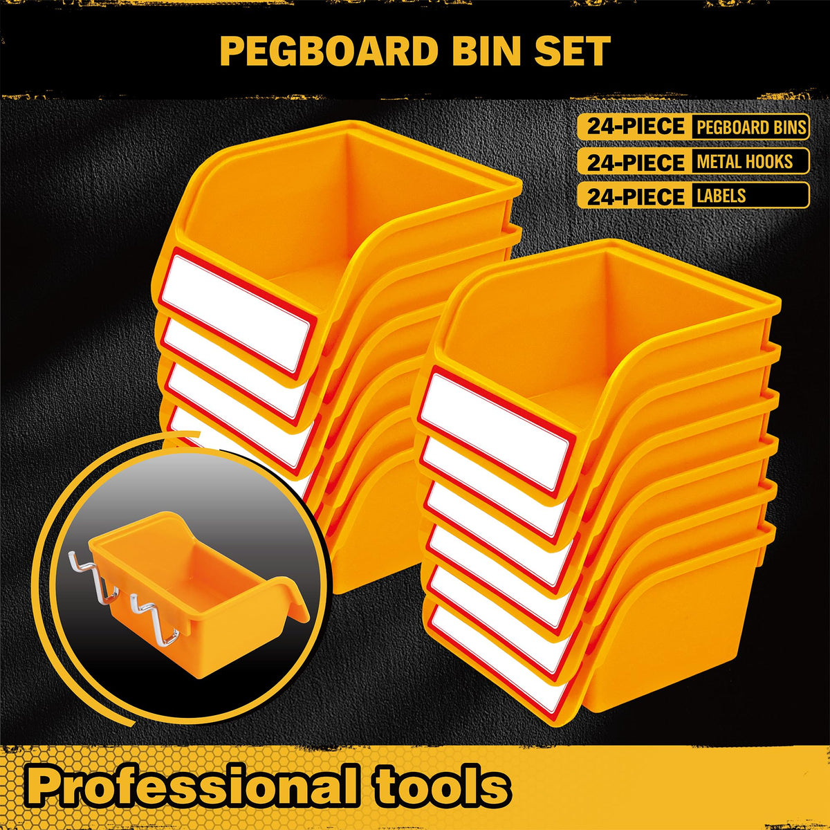 ELEAD workspace setup demonstrating easy-access pegboard bins
