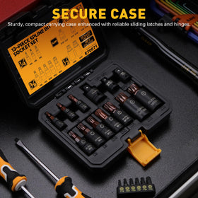 Heavy-duty case keeps sockets organized and portable.
