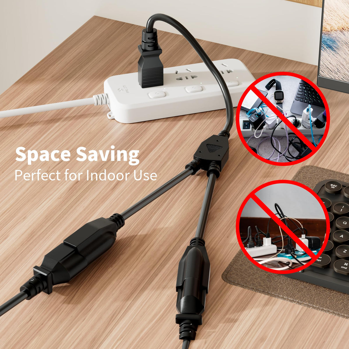 Elecan 1-to-2 power splitter with straight plug expands a single outlet.