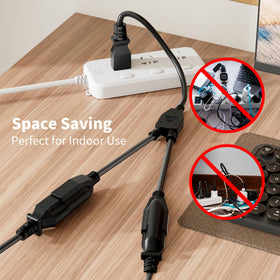 Elecan 1-to-2 power splitter with straight plug expands a single outlet.