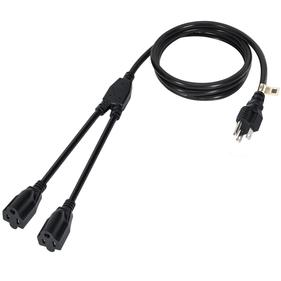 Elecan 2-way power splitter 6 ft cable expands a single outlet for multiple devices.
