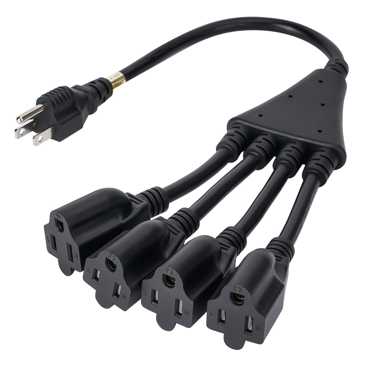 Elecan 4-way power splitter powering multiple devices while saving outlet space.