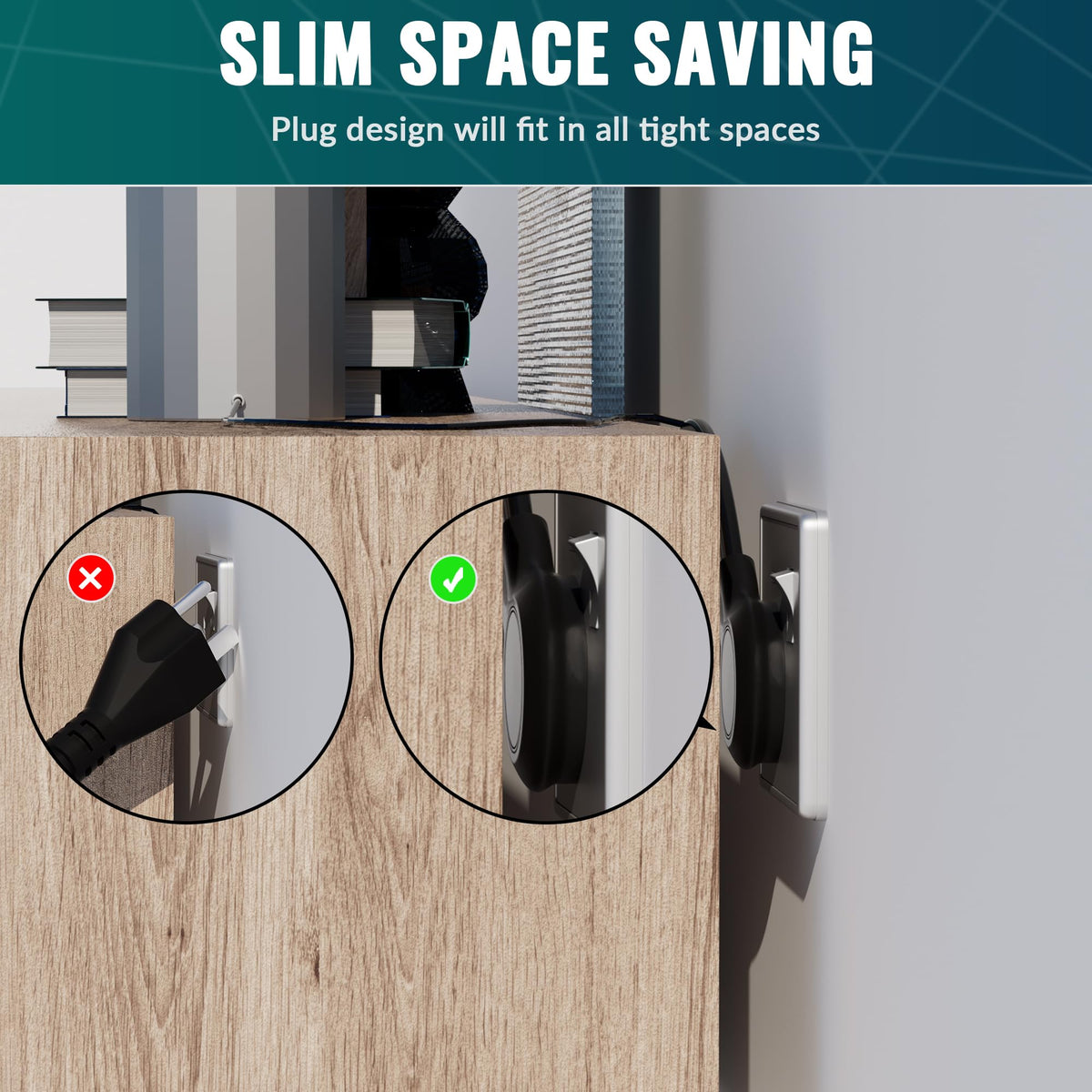 Elecan angled flat plug fits tight outlets without blocking adjacent sockets.