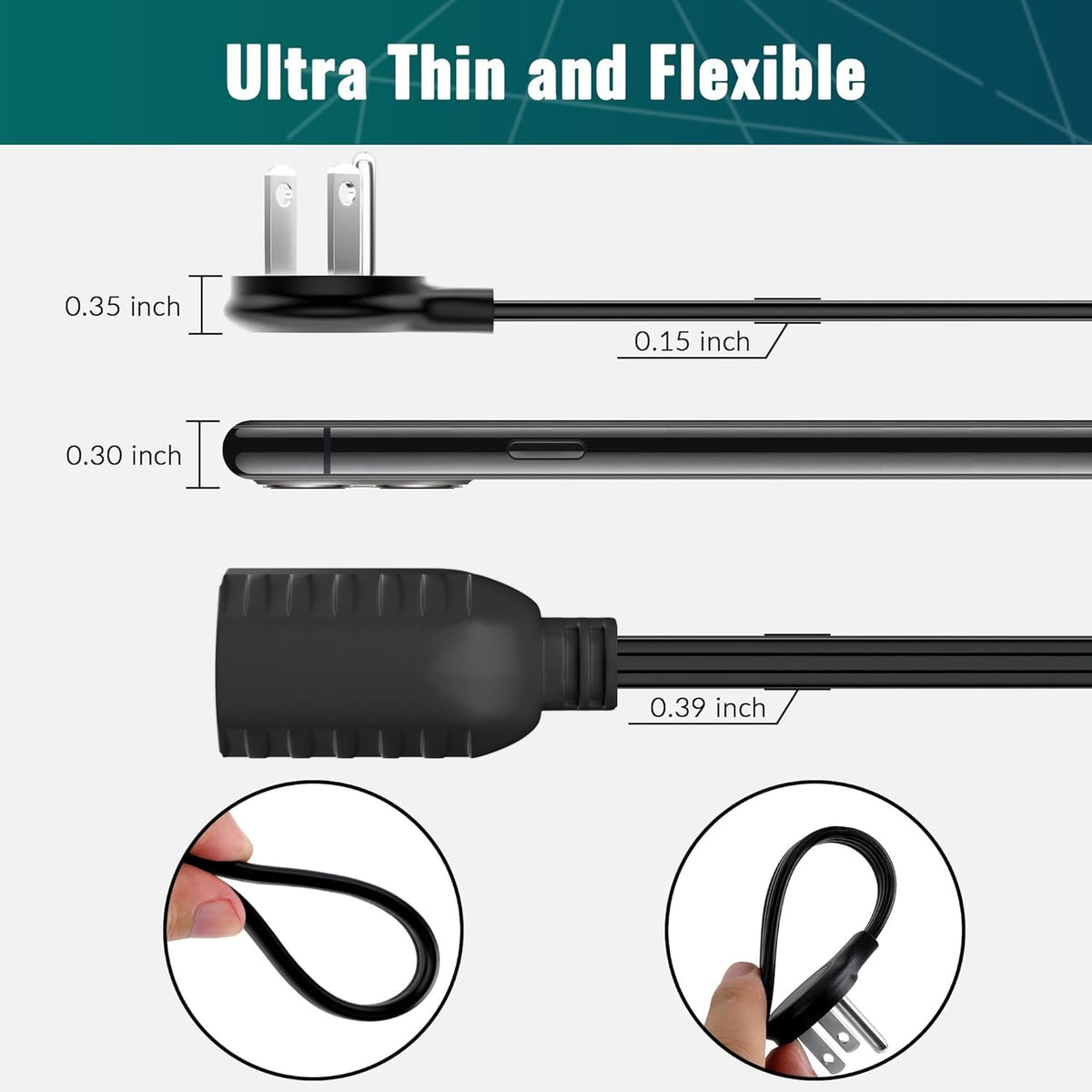Elecan space-saving flat cord keeps walls clear and outlets accessible.