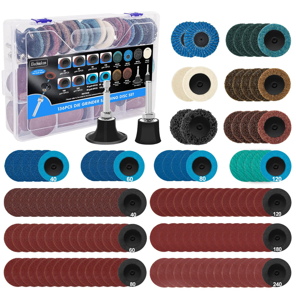 Elechiakan 136-piece 2-inch discs set for versatile sanding on metal, wood, and plastic.