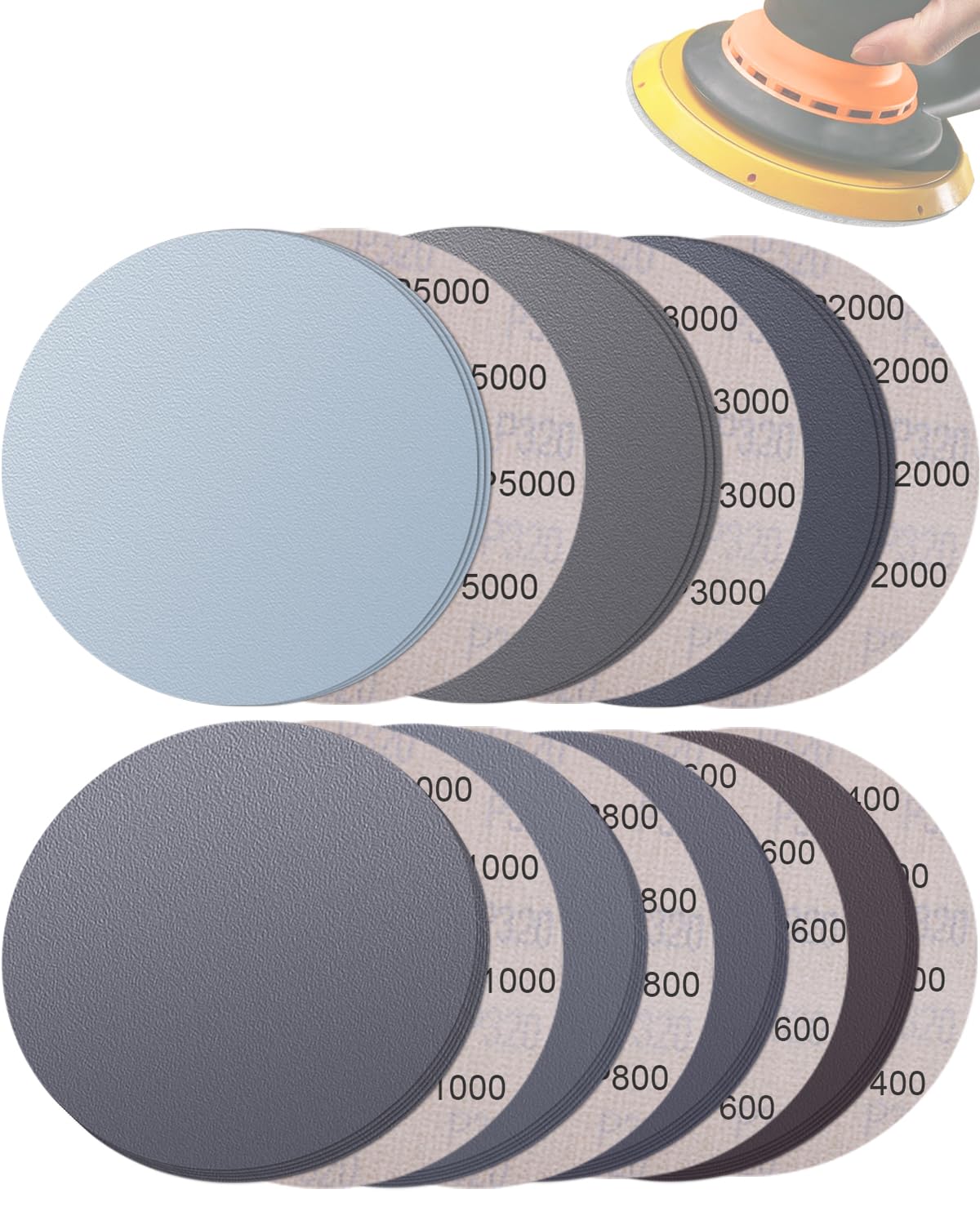 Elechiakan 70pcs 6-inch discs with hook and loop for grit changes on a DA sander, enabling consistent finishes.