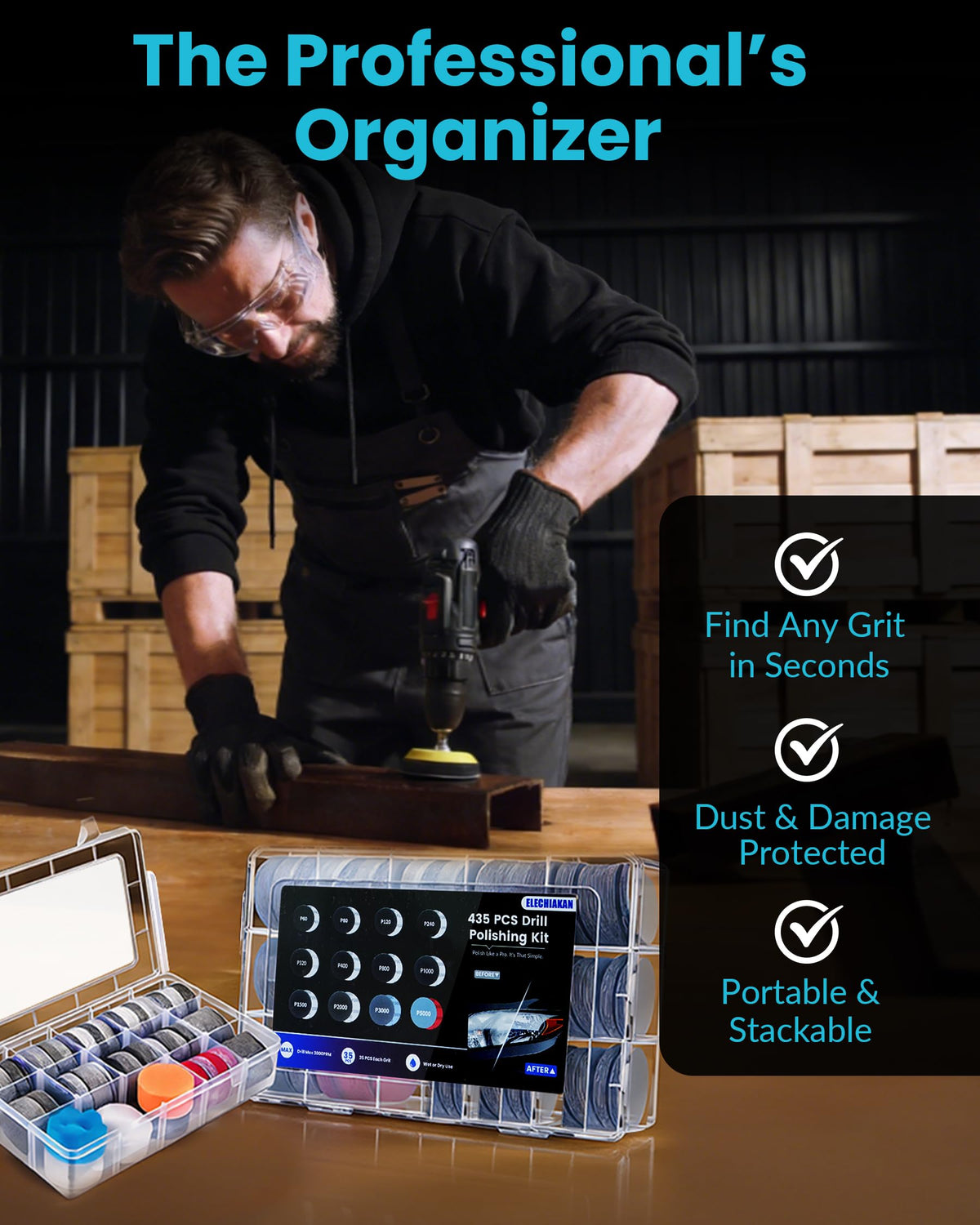 Elechiakan drill polishing kit demonstrated on metal and wood surfaces