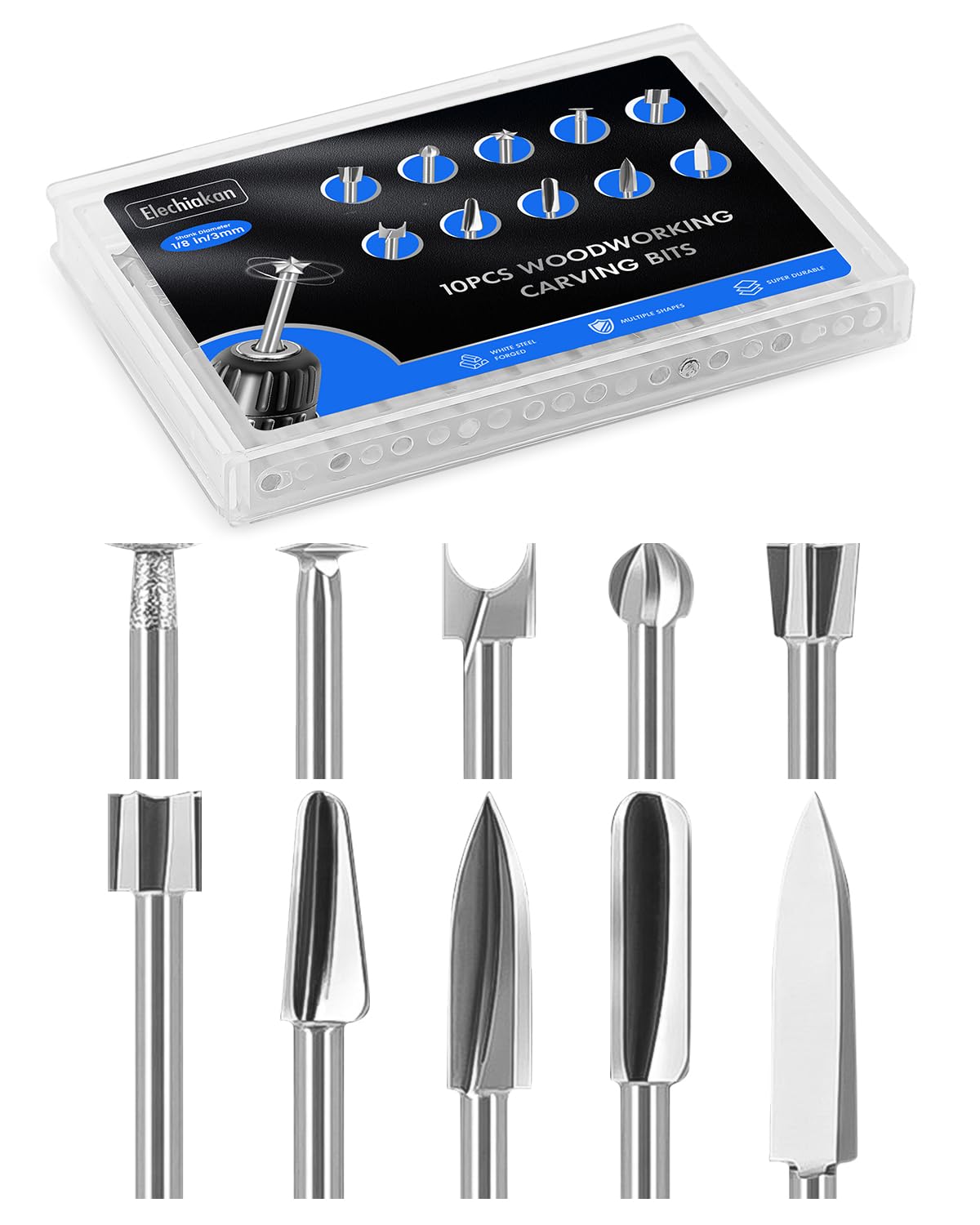 Elechiakan 10-piece wood carving bits for Dremel, versatile shaping and detailing possibilities.