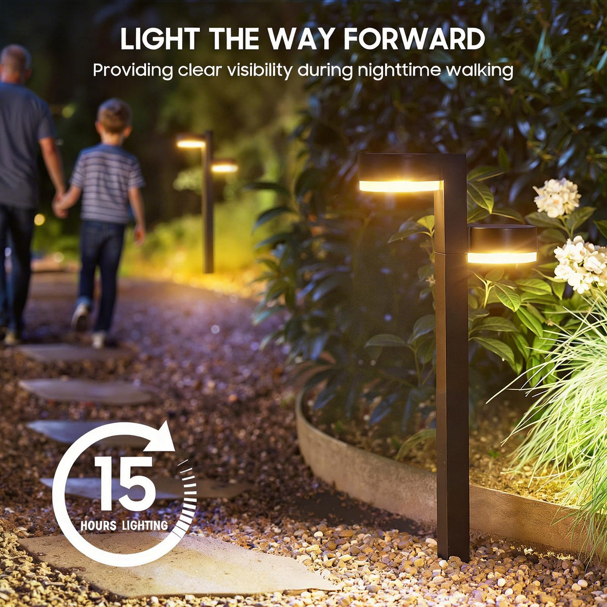 ELECLINK warm white glow creates inviting garden path ambiance.