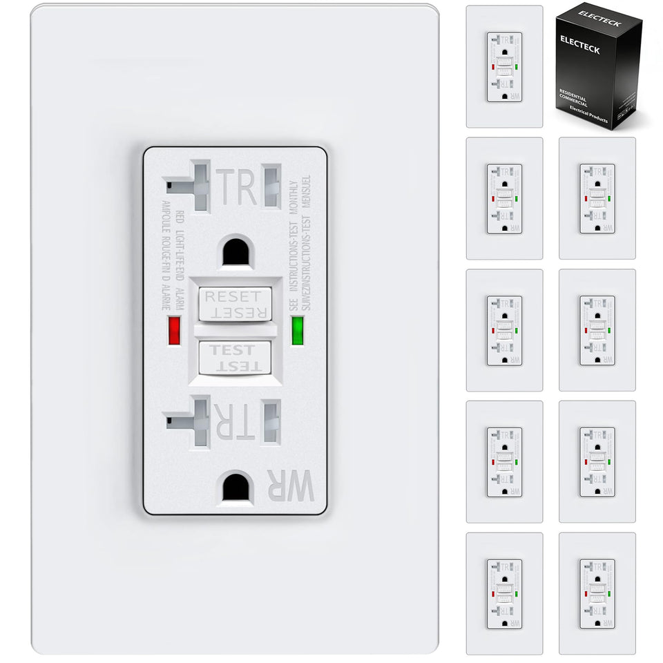 ELECTECK 20A GFCI outdoor outlet front view with weatherproof housing.