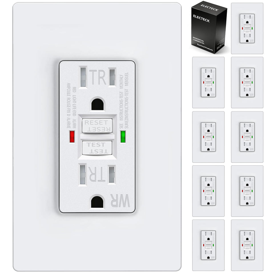 ELECTECK outdoor 15A GFCI outlet in white weatherproof housing for decks and patios.