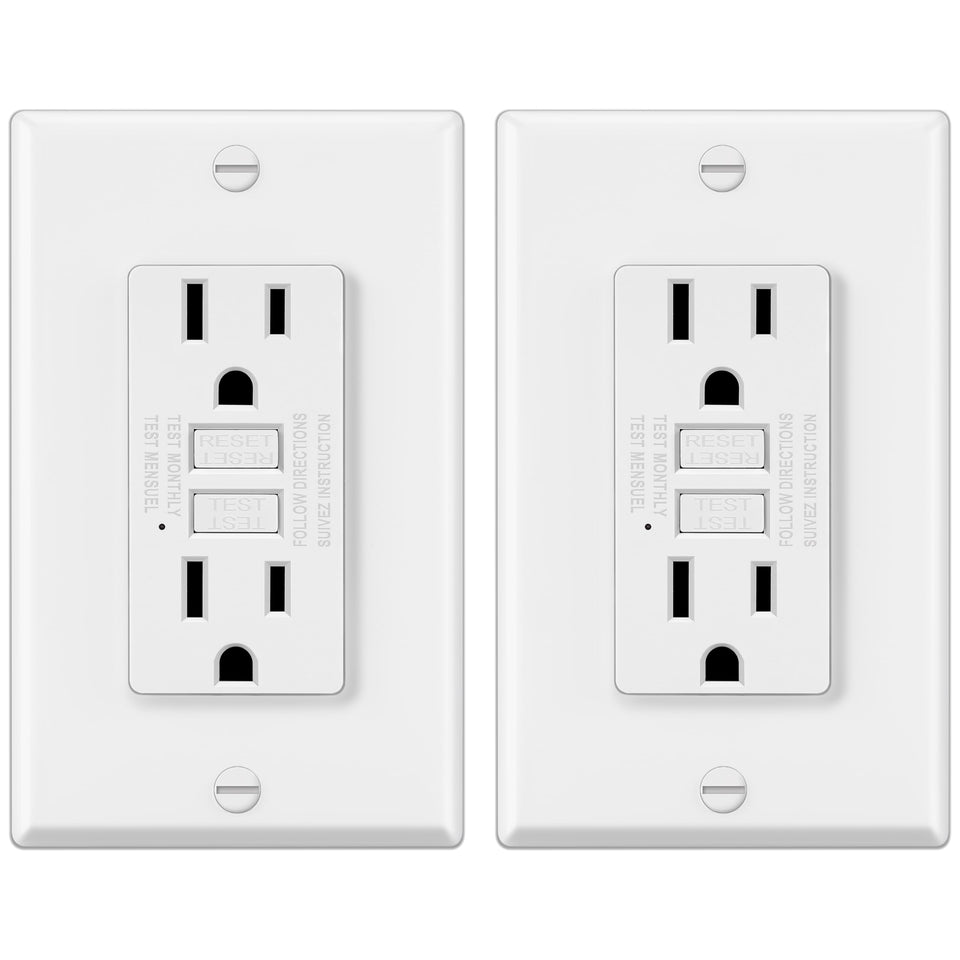 ELECTECK GFCI outlet front view with white finish for seamless wall integration.